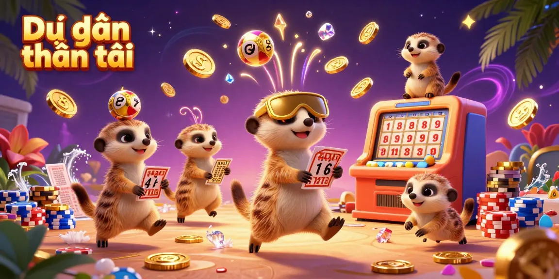 Dự đoán thần tài showcases a vibrant scene of meerkats in a lottery operation, with colorful chips and golden coins.