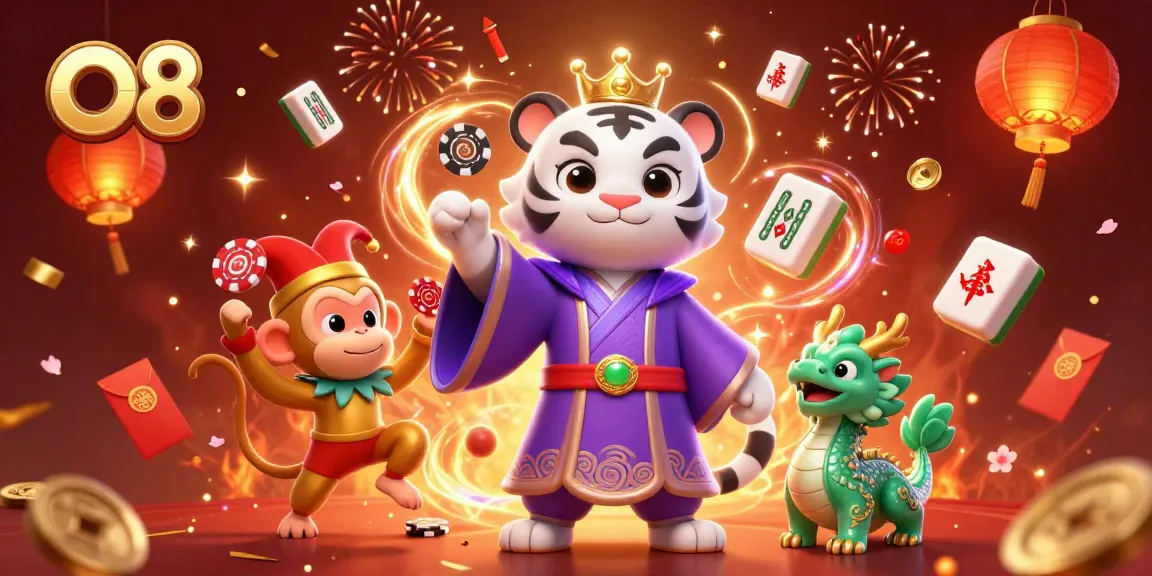 Join the action at O8 with a vibrant scene of a majestic tiger, jester monkey, and a jade dragon celebrating gambling success.