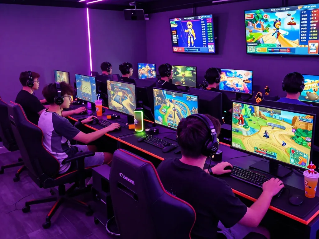 Dynamic gaming lobby with players in action at mantra88, vibrant neon decor and game displays.