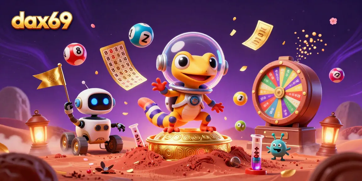 DAX69 menghadirkan pengalaman judi luar angkasa dengan gecko Martian menemukan kasino emas, ditambah elemen permainan yang meriah.