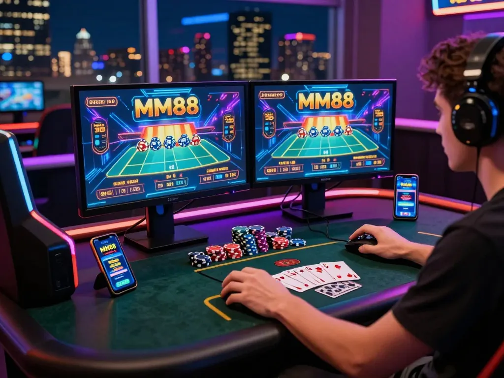 Engaged player enjoying MM88 online gaming experience on dual screens.