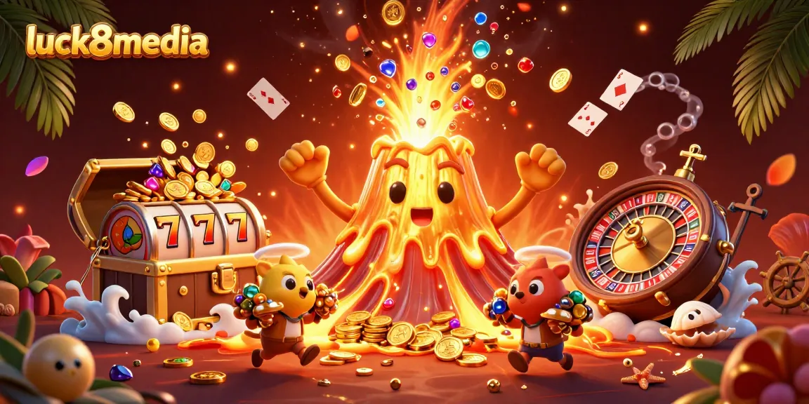 Engage with luck8media's vibrant casino action featuring a golden volcano and dynamic game elements.