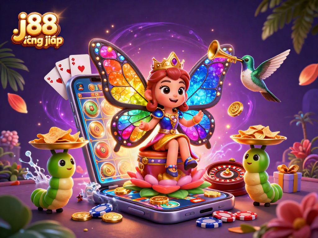 Experience j88 đăng nhập with a vibrant illustration of a casino-themed fantasy scene.