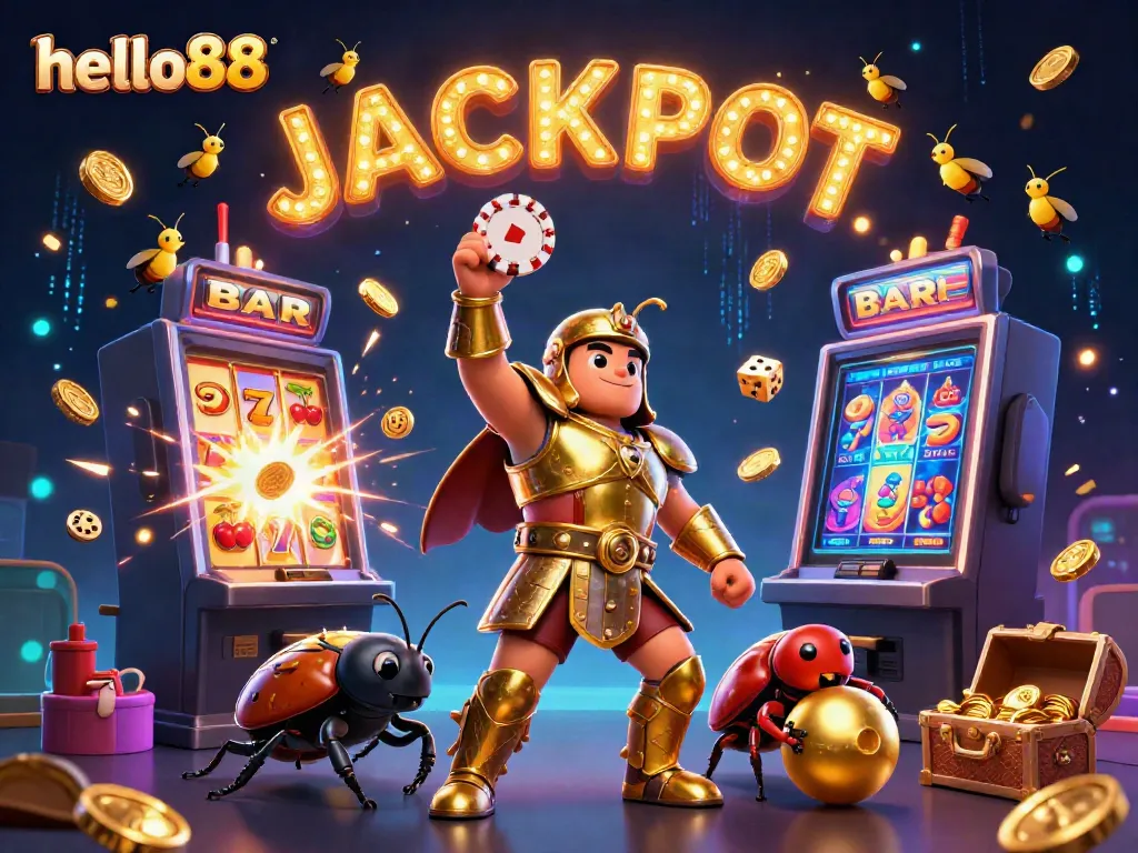 hello88 celebrates a jackpot moment with vibrant 3D characters and casino elements.
