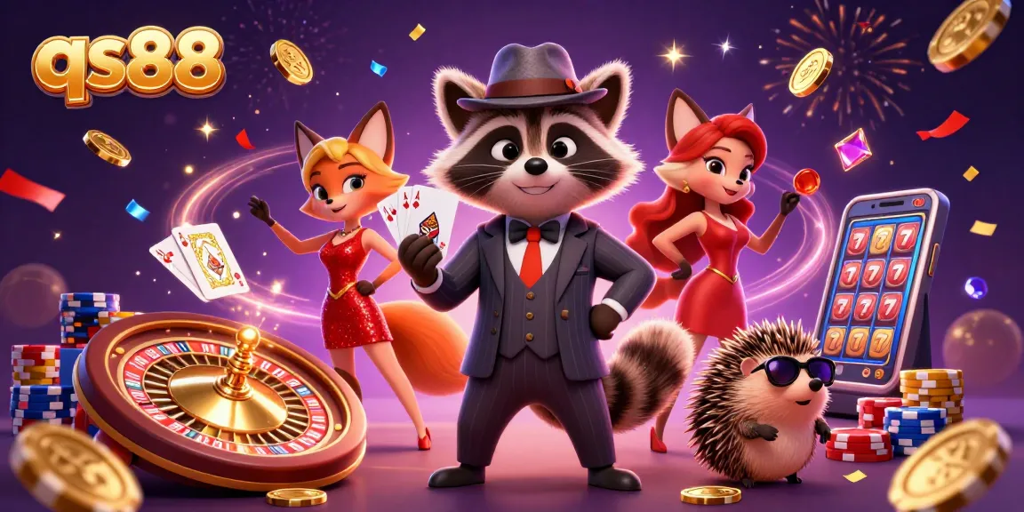 Engage with qs88's vibrant casino world through this dynamic illustration featuring animated characters and casino elements.