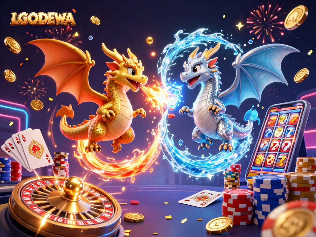 Experience thrilling gameplay with LGODEWA, featuring dragons, coins, and casino elements.