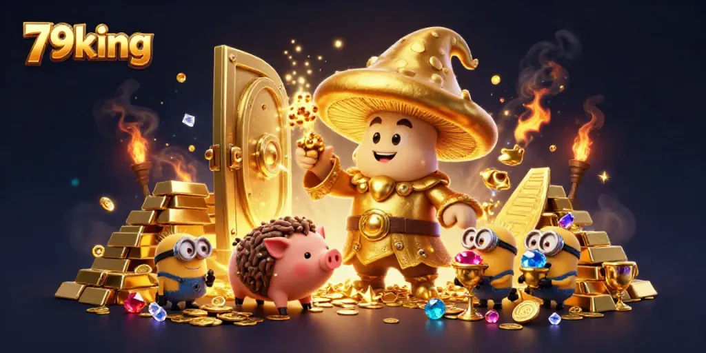 Experience the magic of winning at 79king, featuring a wizard enchanting gold amidst treasures.