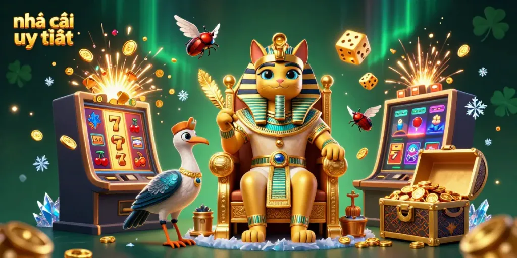 Experience the excitement at nhà cái uy tín with vibrant characters celebrating big wins amidst slot games and casino elements.