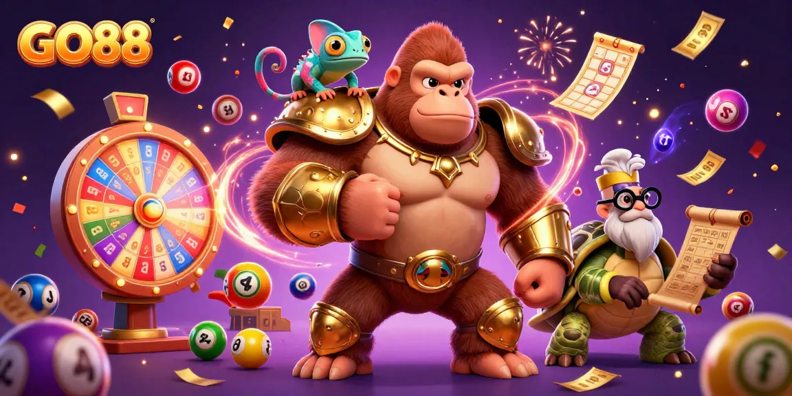 Engage in vibrant gaming with GO88's dynamic illustrations featuring thrilling lottery games.