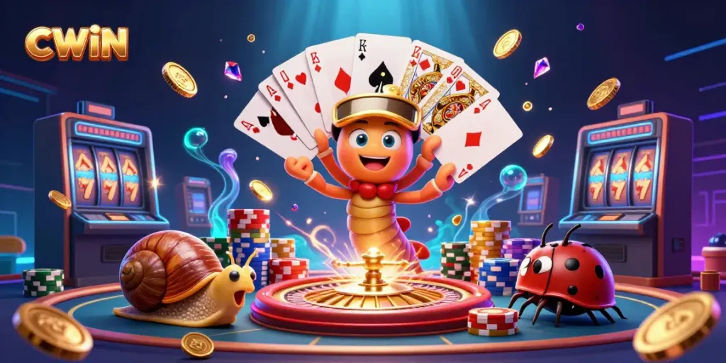 CWIN showcases a vibrant, animated casino scene featuring a millipede dealer, snail high-roller, and bubbles.