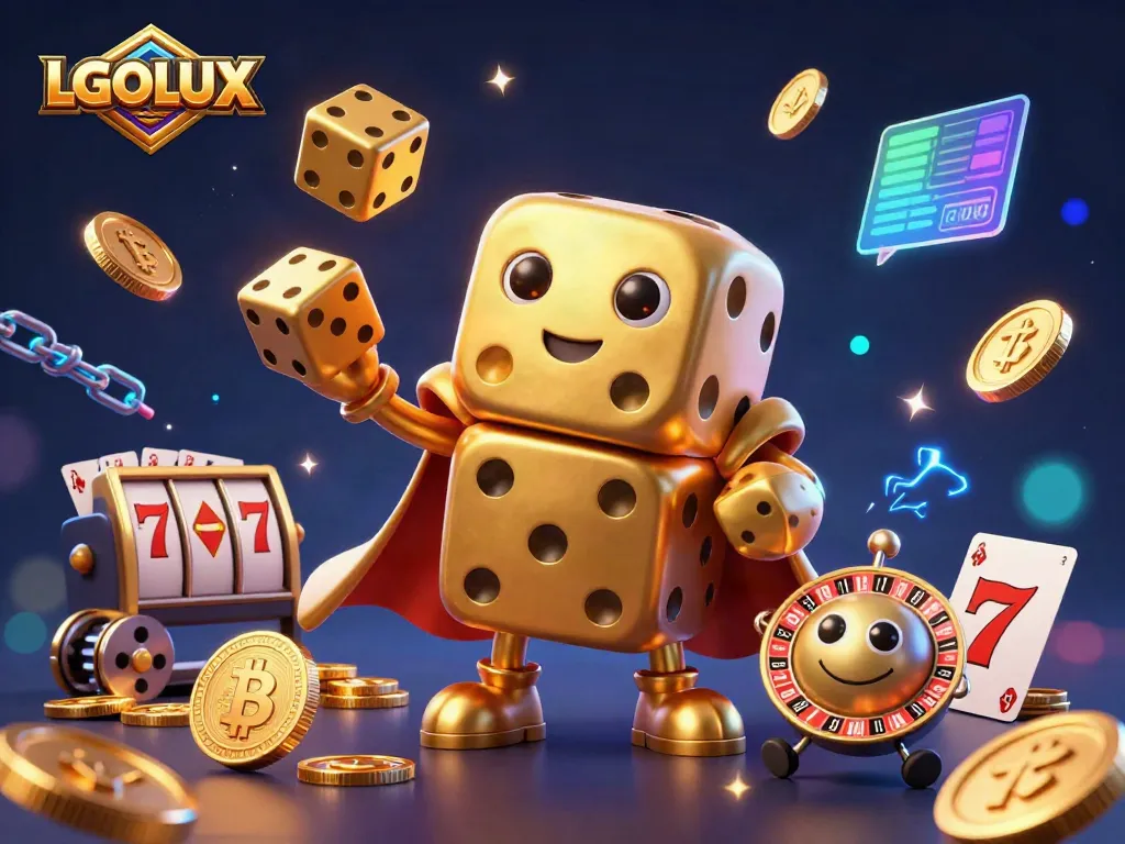 Experience immersive LGOLUX gaming with vibrant golden dice golem, crypto coins, and slot elements.