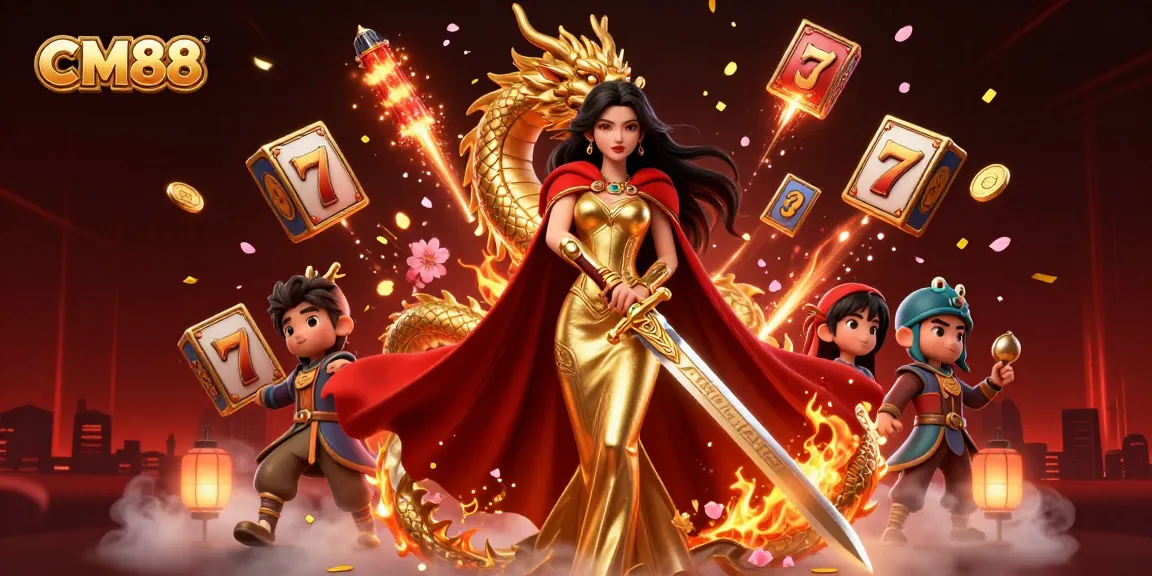 Experience the thrill of CM88 with a vibrant 3D illustration of stylish gaming elements and a fierce heroine.