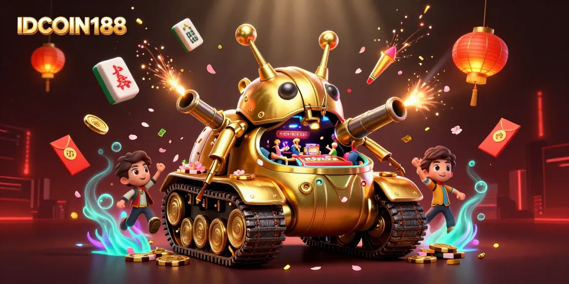 Experience a vibrant scene showcasing IDCOIN188 with a golden beetle tank casino bursting with excitement.