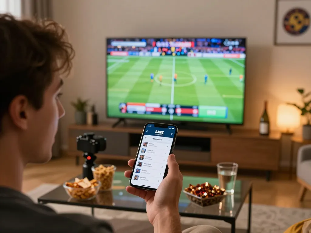 Giocatore coinvolto che utilizza l'app di un bookmaker non AAMS per scommettere mentre si gode una partita sportiva a casa.