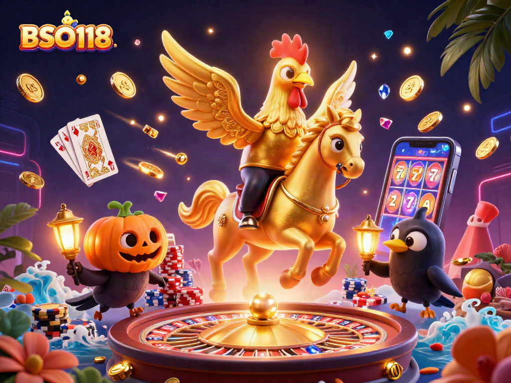 Play BSO118 for thrilling casino fun with a dashing golden rooster and magical elements