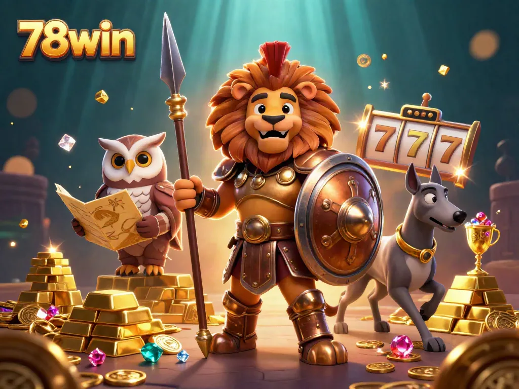 Engage with 78win's thrilling experience featuring a Spartan lion, tactical owl, and greyhound amidst dynamic slot reels and treasures.