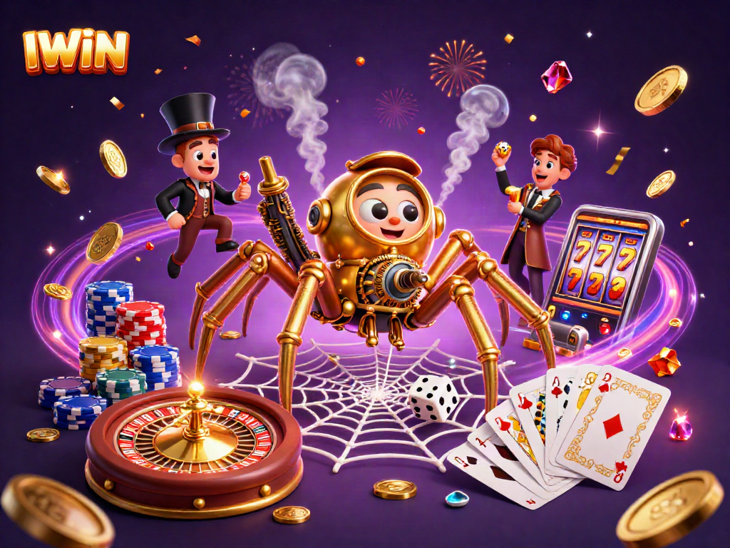 IWIN captures the excitement of casino gaming with a lively steampunk spider webbing luck and golden coins.