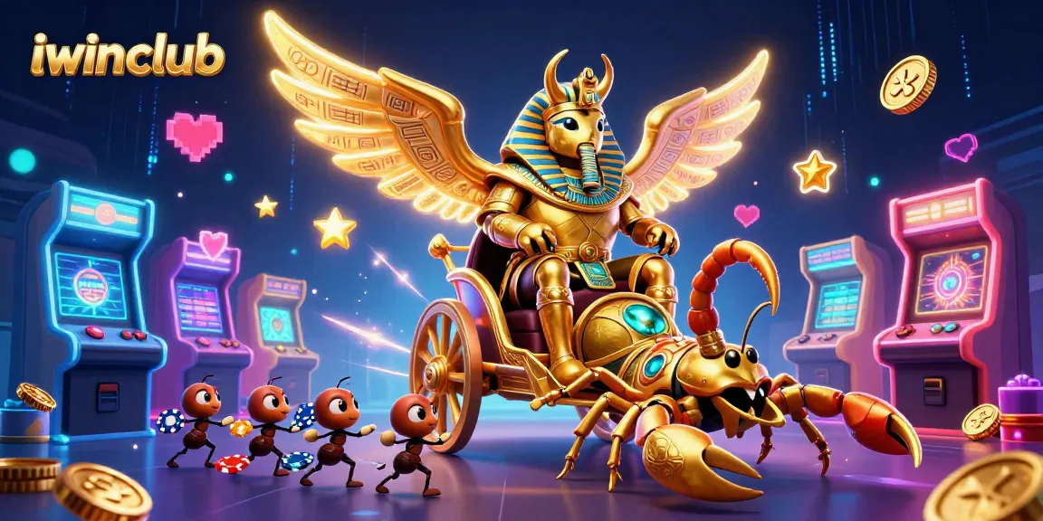 Iwinclub's vibrant 3D gaming scene features a golden scarab beetle, scorpions, and poker chips amidst glowing arcade elements.