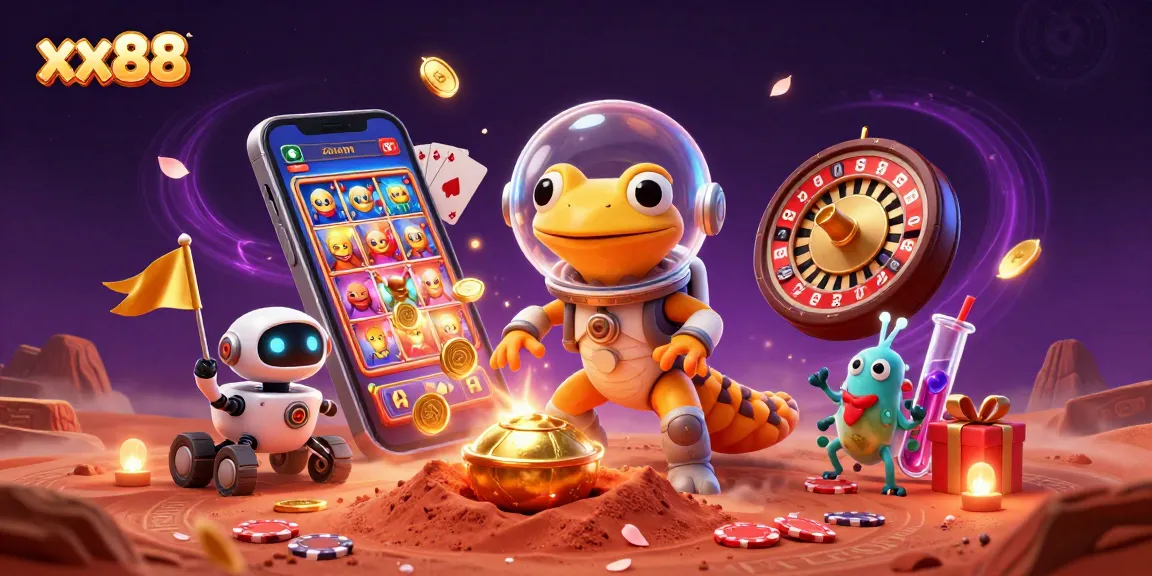 Play exciting games at xx88, where Martian gecko explores a golden casino with dazzling rewards.