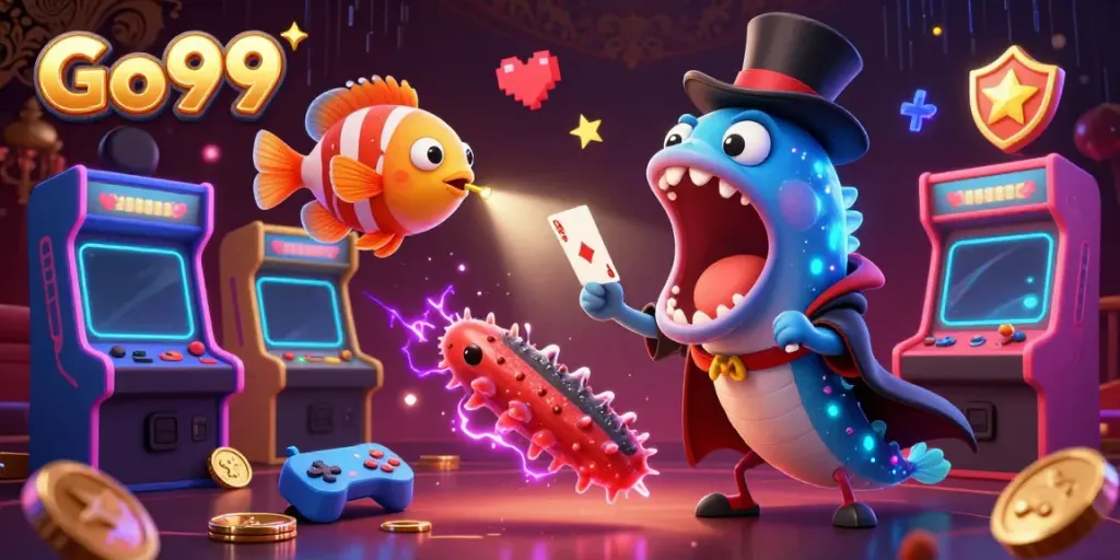 Go99 illuminates a magical gambling scene with vibrant sea creatures engaging in a card magic act.