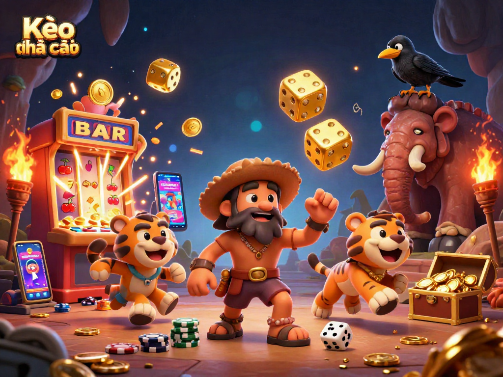 Kèo nhà cái showcases a vibrant 3D casino scene with cavemen, a sabertooth tiger, and dynamic gambling elements.
