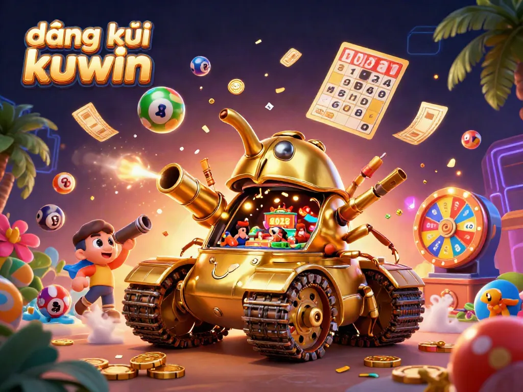 Engage in exciting gameplay at đăng ký kuwin with a vibrant casino-themed 3D illustration featuring a golden beetle tank.