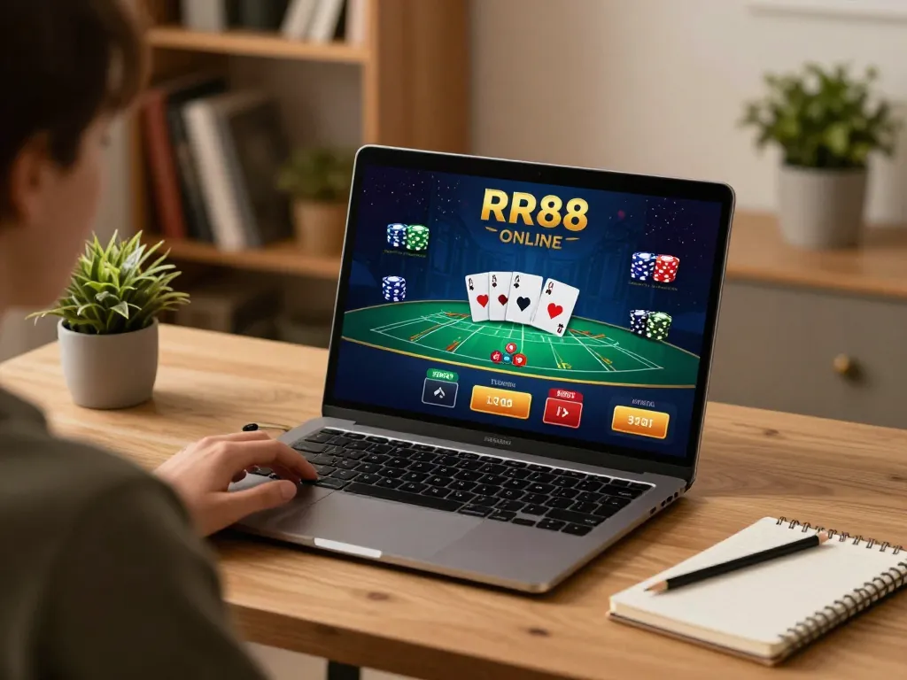 Player engaging in RR88 online blackjack game at home, showcasing strategic gameplay and immersive experience