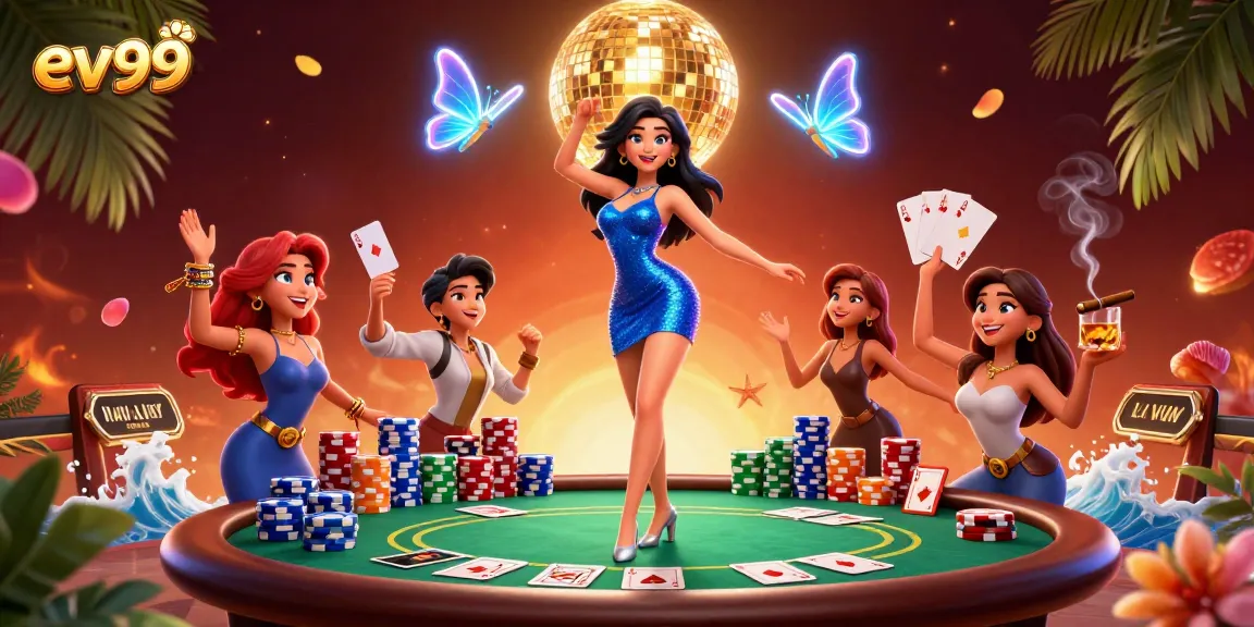 Experience the thrill of ev99 with a glamorous casino scene featuring poker elements and vibrant energy.