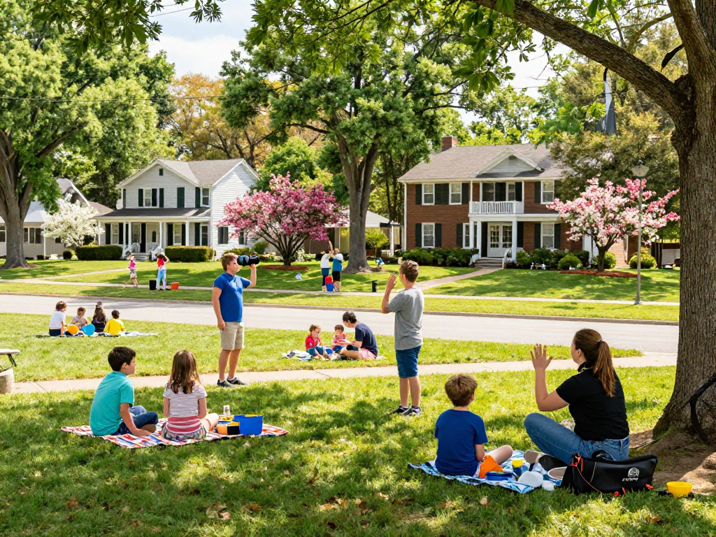 Family exploring lively neighborhood showcasing the best places to live in North Carolina.