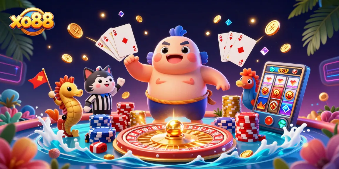 Experience the fun of xo88 with a vibrant underwater gambling scene featuring colorful characters and casino elements.