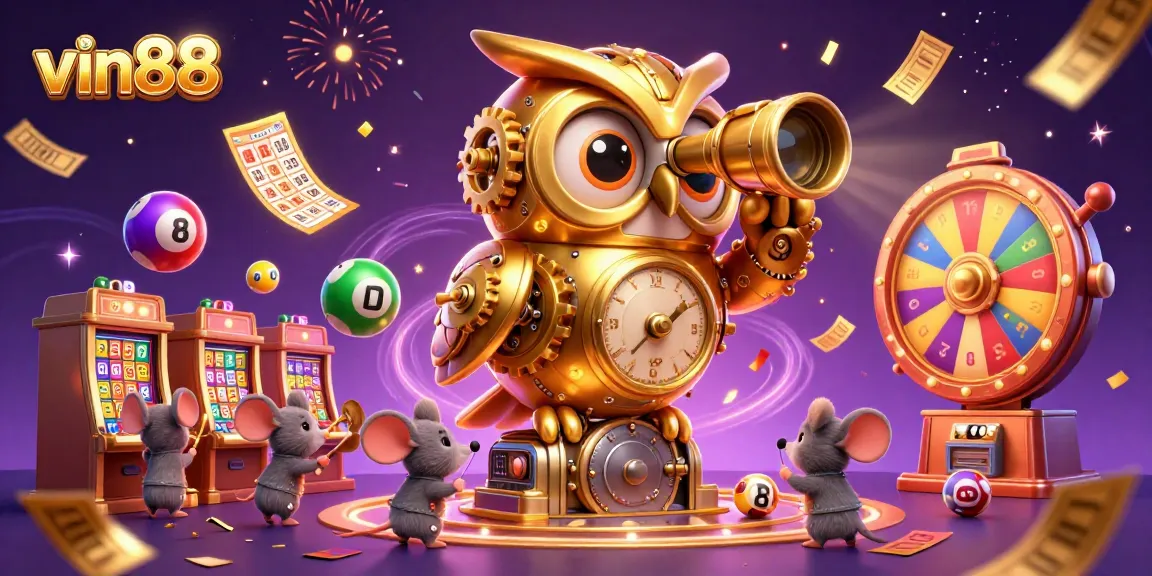 Experience the excitement of vin88 as a clockwork owl oversees a vibrant casino filled with games.