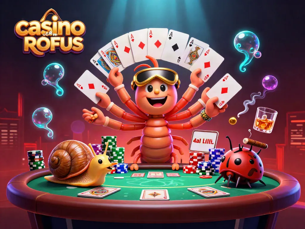 Experience action at casino uden ROFUS with an animated dealer, poker elements, and vibrant characters.