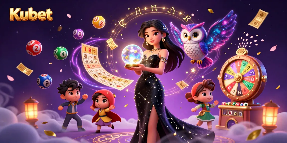 Engage with Kubet's vibrant gambling atmosphere, featuring a mystical woman and celebratory lottery elements.