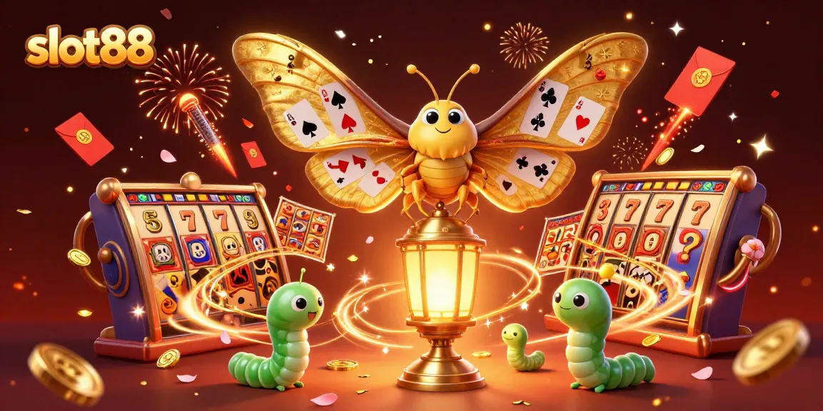 Experience the thrill of winning at slot88 with a vibrant casino scene featuring golden moths and slot reels.