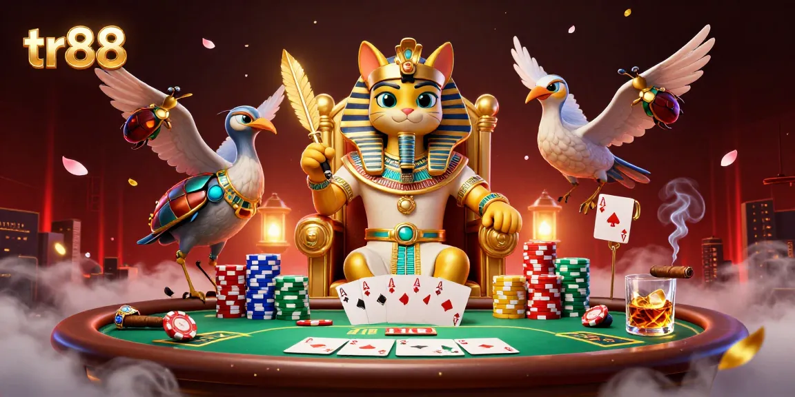 Engage in thrilling betting action at TR88's casino with a vibrant scene full of poker elements.