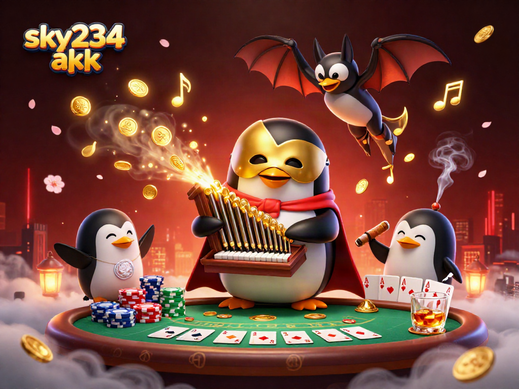 Enjoy the thrilling action of sky234 apk with a dynamic casino scene featuring a penguin organist, golden coins, and poker elements.