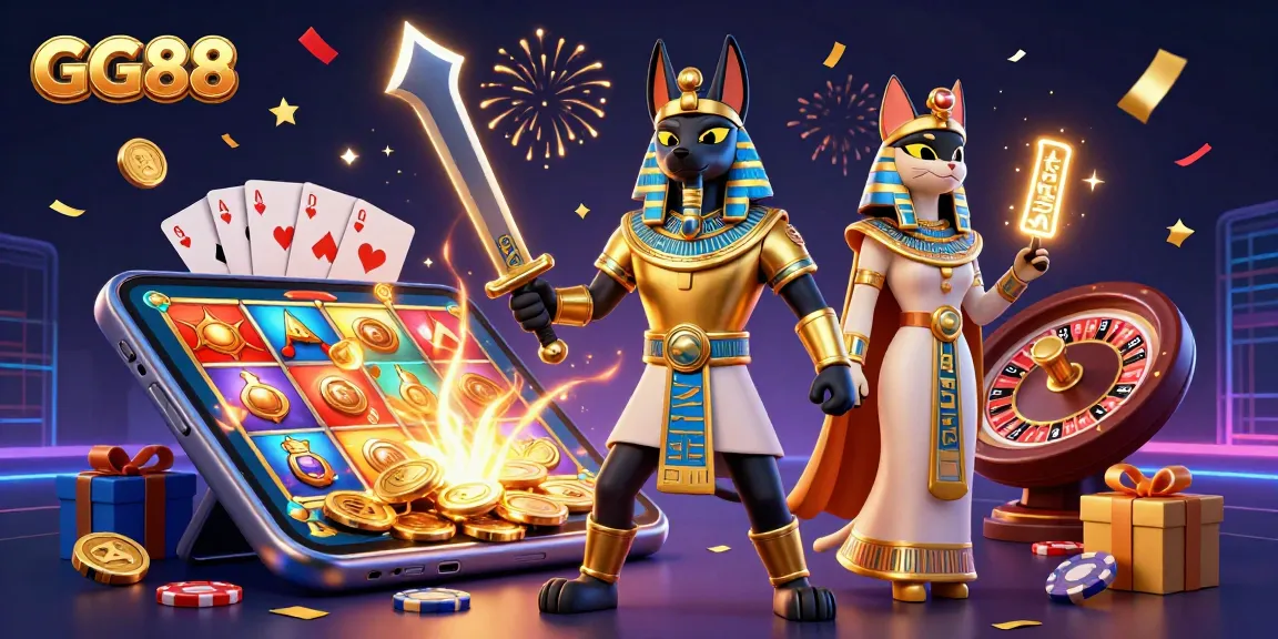 Win big with GG88's immersive casino experience featuring Anubis and Bastet in a vibrant game scene.