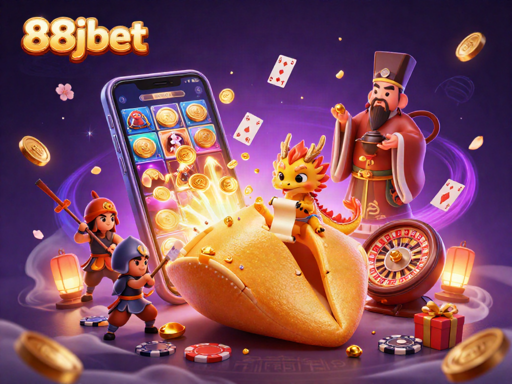 Immerse in the excitement of 88jbet as a lucky fortune cookie and dragon unveil treasures.