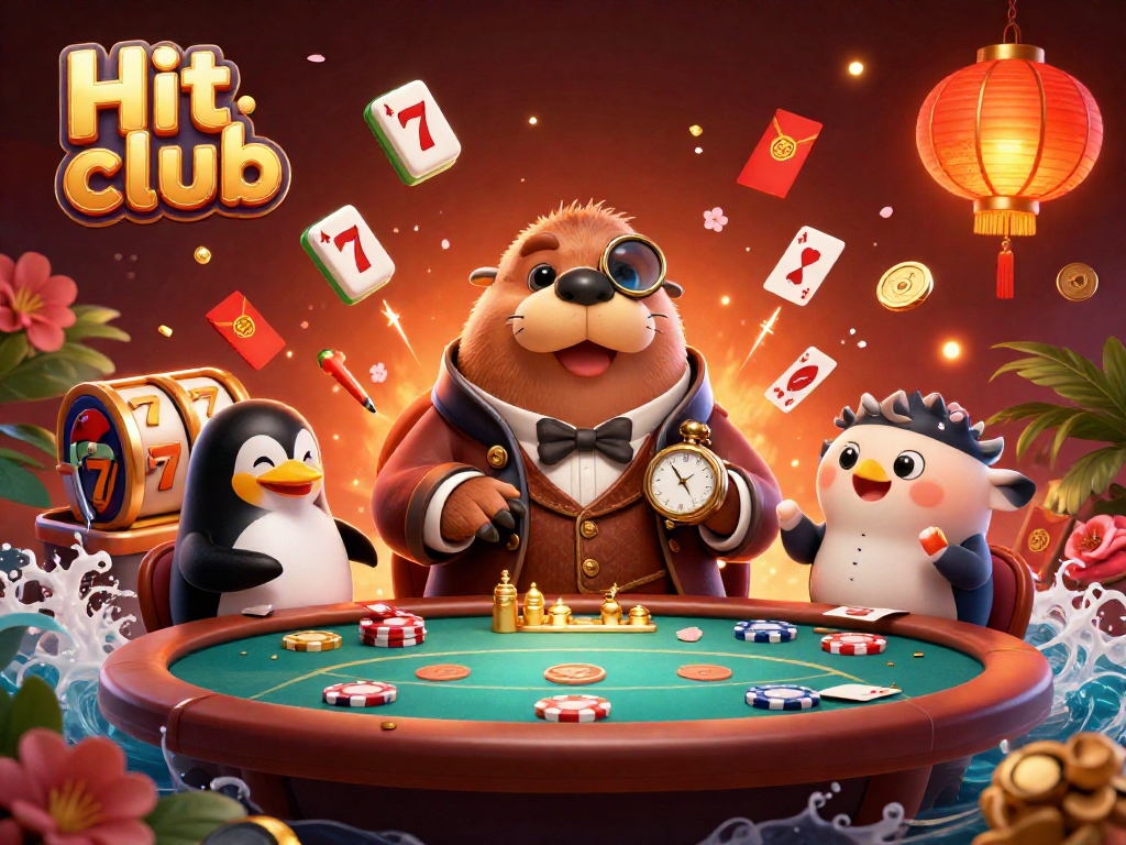 Hit club themed illustration with a walrus, penguin dealer, and pufferfish in a vibrant casino scene.