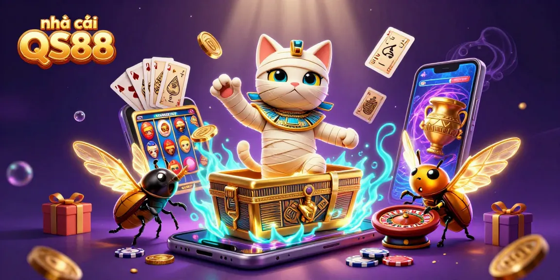 Experience the excitement at nhà cái QS88 with a thrilling illustration of a mummy cat bursting from a casino sarcophagus.