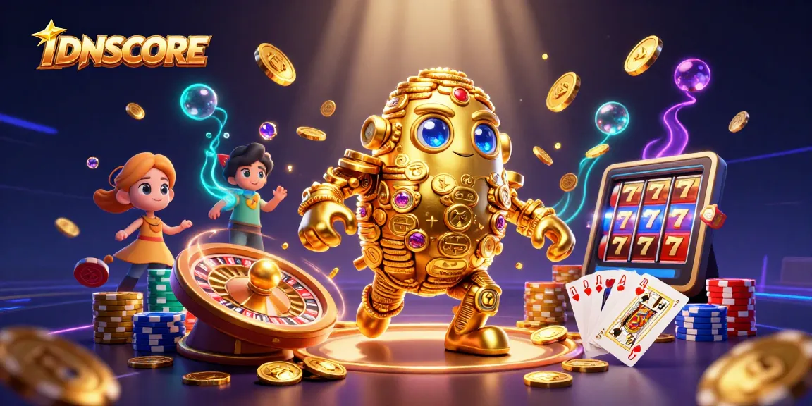 Experience thrilling gaming at IDNSCORE, featuring the ancient golden golem surrounded by coins and vibrant casino elements.