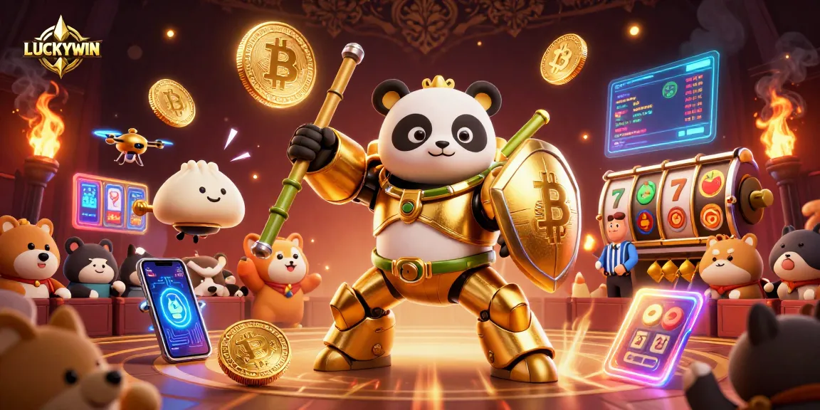 Experience thrilling wins with LUCKYWIN's detailed 3D casino illustration featuring a golden panda and crypto elements.