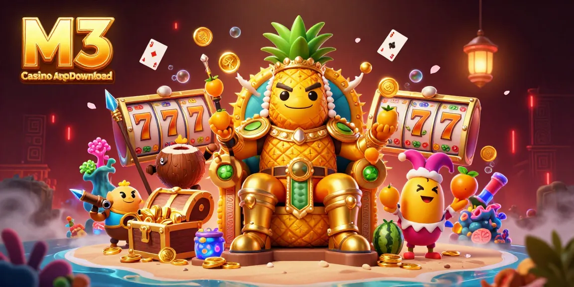 Engage with the M3 Casino App Download featuring vibrant slot reels, golden pineapple king, and beach casino elements.