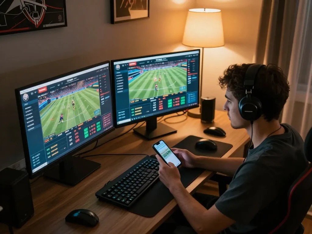 Person engaged in sports betting on keonhacaii88 at a stylish home office desk, focused on multiple screens.