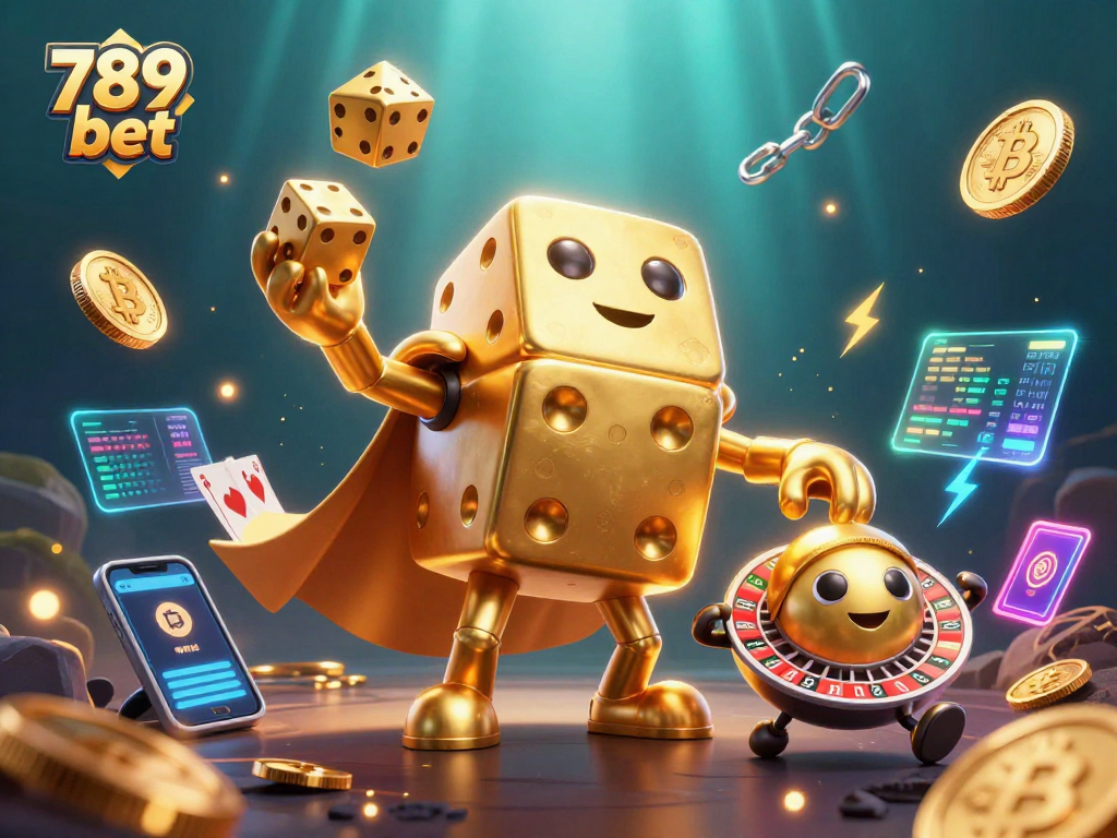 Engage with 789 bet's vibrant casino adventure featuring golden dice golem and crypto elements.