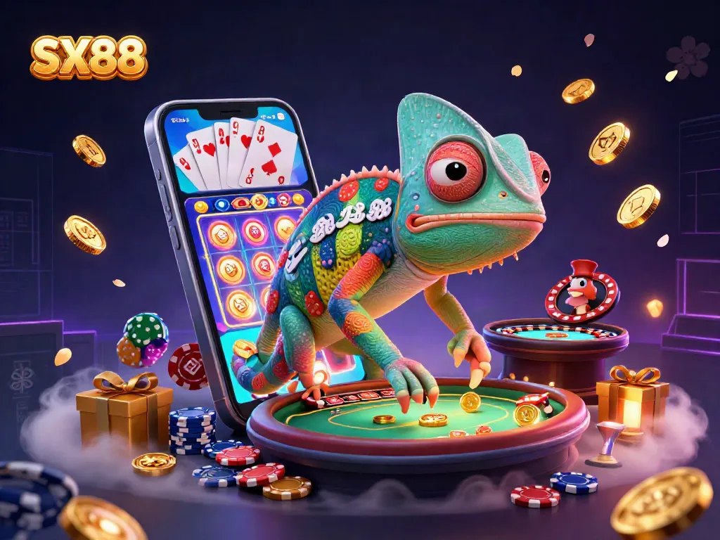 SX88 chameleon casino owner with casino elements like golden coins, slot games, and poker cards