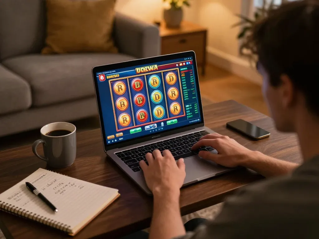 Engaging online player immersed in UG DEWA slot game action with colorful graphics and cozy atmosphere