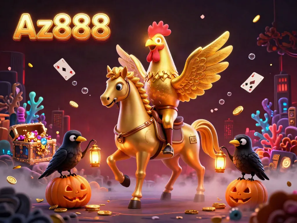 Experience thrilling gameplay at Az888 with a dynamic 3D illustration featuring a golden rooster and casino elements.