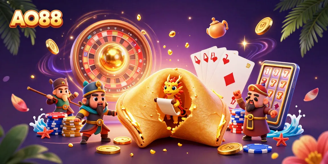 Spin the reels with AO88's dynamic gaming experience featuring golden fortune cookie and chips.