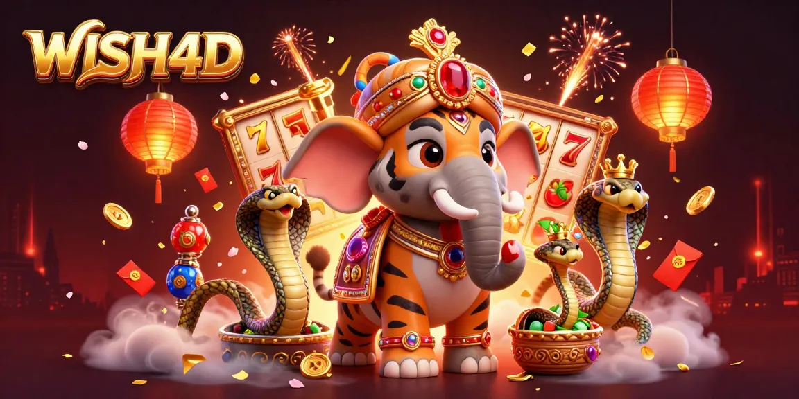 Engage with WISH4D's vibrant casino scene showcasing a dynamic maharaja atop an elephant amidst rich gaming elements.